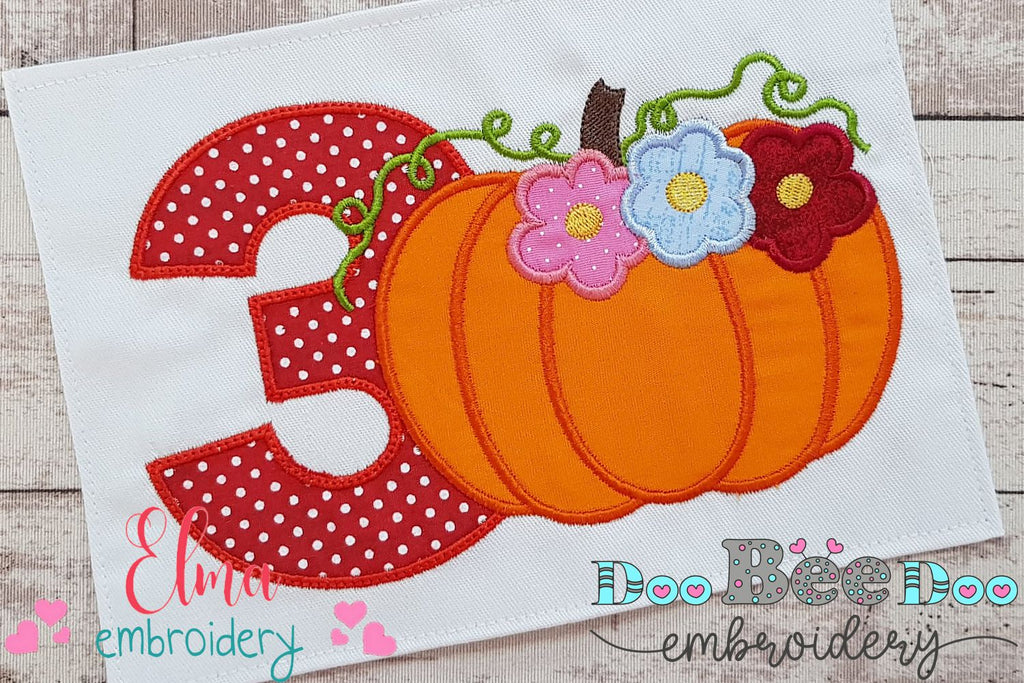 Thanksgiving Pumpkin Number 3 Three 3rd Birthday - Applique