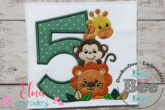 Safari Friends Number Five 5th Birthday - Applique
