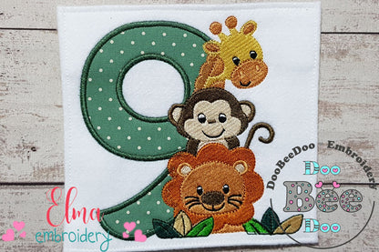 Safari Friends Number Nine 9th Birthday - Applique