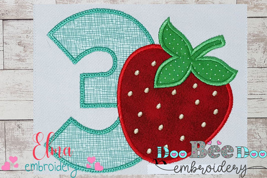Strawberry Number 3 Three 3rd Birthday - Applique