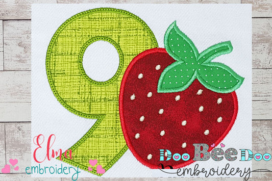 Strawberry Number 9 Nine 9th Birthday - Applique