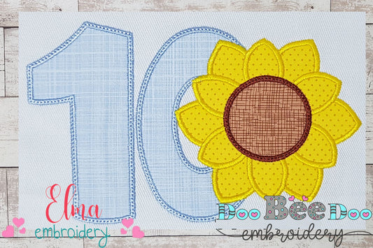 Sunflower Number Ten 10 Tenth Birthday - Applique