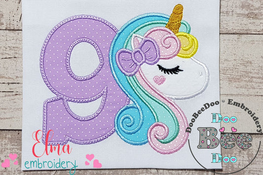 Unicorn Number 9 Nine 9th Nineth Birthday Number 9 - Applique