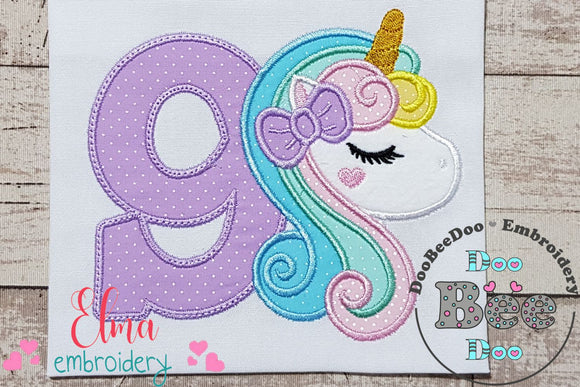 Unicorn Number 9 Nine 9th Nineth Birthday Number 9 - Applique