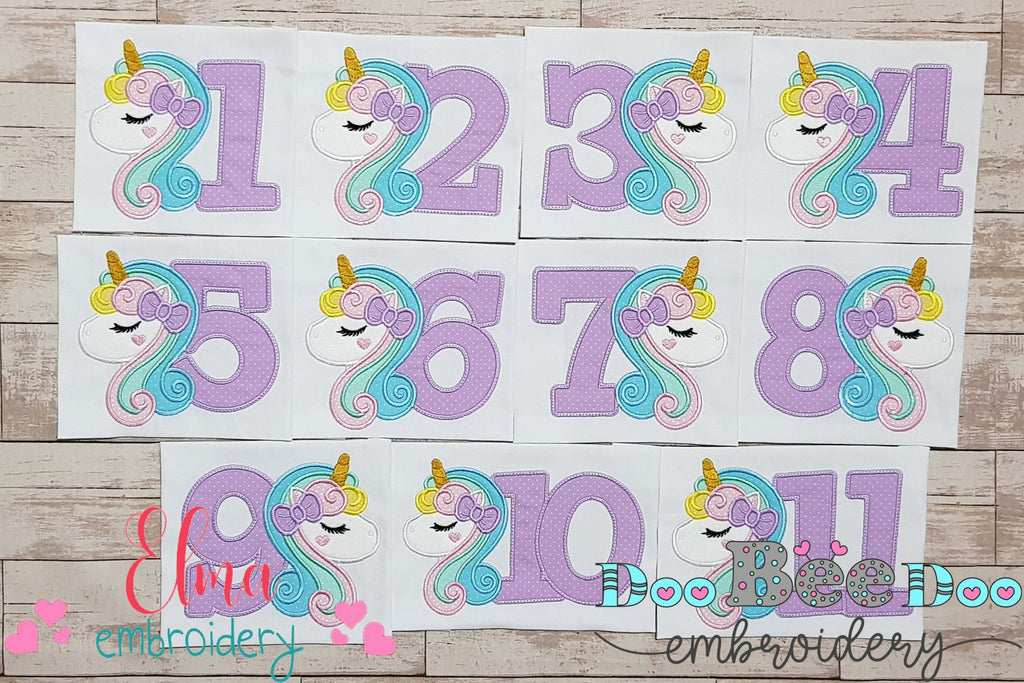 Unicorn Numbers 1-11 Birthday Set Numbers - Applique