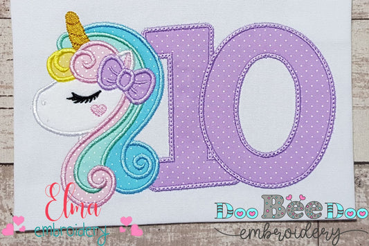 Unicorn Number 10 Ten 10th Tenth Birthday Number 10 - Applique