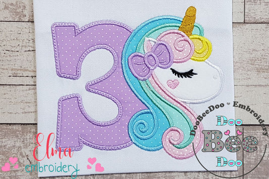 Unicorn Number 3 Three 3rd Third Birthday Number 3 - Applique