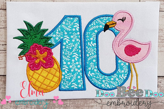 Flamingo and Pineapple with Hibiscus Flower Number Ten 10 Tenth Birthday - Applique