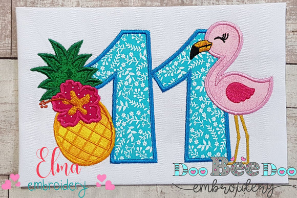 Flamingo and Pineapple with Hibiscus Flower Number Eleven 11 Elenth Birthday - Applique