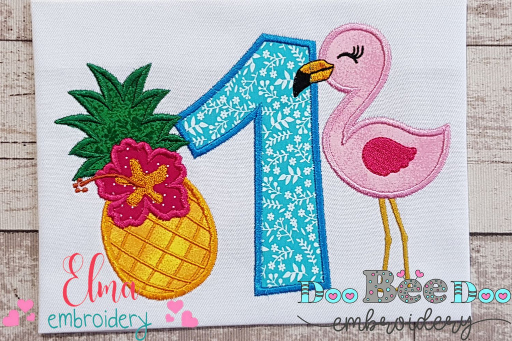 Flamingo and Pineapple with Hibiscus Flower One First Birthday Number 1 One - Applique