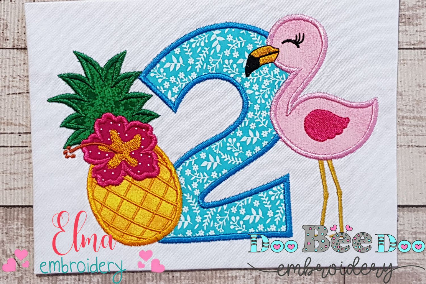 Flamingo and Pineapple with Hibiscus Flower Number 2 Two 2nd Birthday - Applique