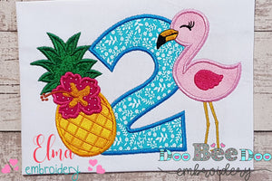 Flamingo and Pineapple with Hibiscus Flower Number 2 Two 2nd Birthday - Applique