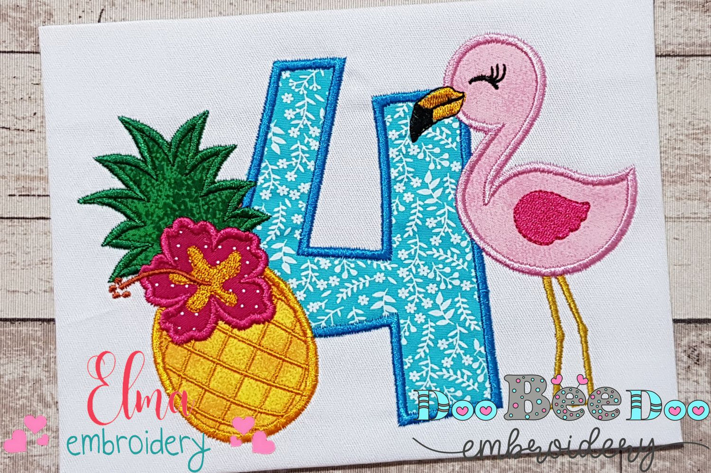 Flamingo and Pineapple with Hibiscus Flower Number 4 Four 4th birthday - Applique