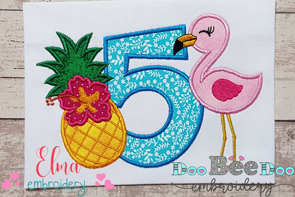 Flamingo and Pineapple with Hibiscus Flower Number 5 Five 5th Birthday - Applique