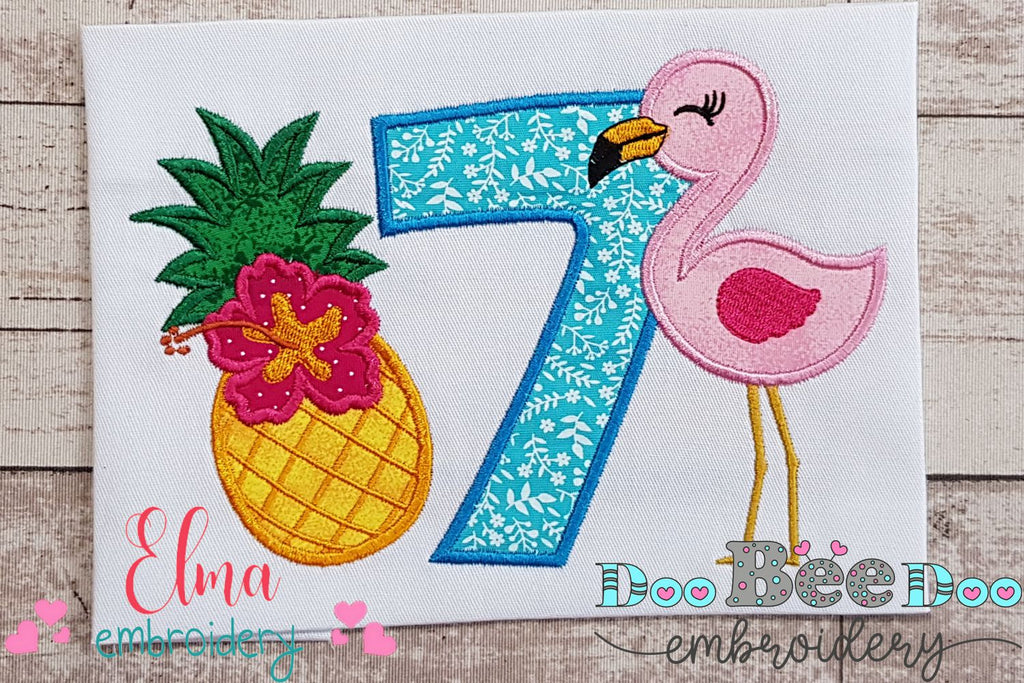 Flamingo and Pineapple with Hibiscus Flower Number 7 Seven 7th Birthday - Applique