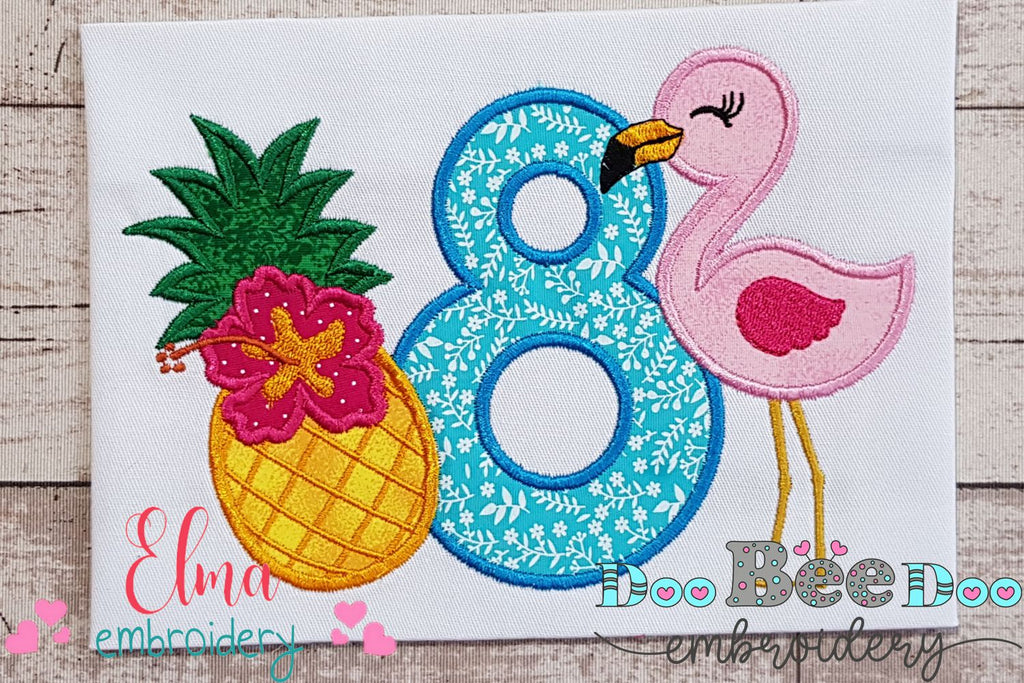 Flamingo and Pineapple with Hibiscus Flower Number 8 Eight 8th Birthday - Applique