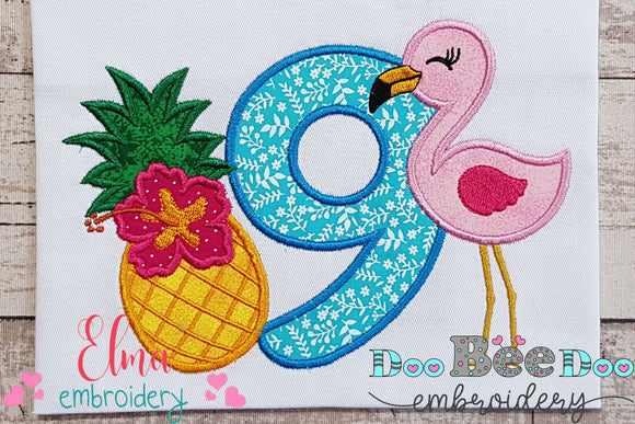 Flamingo and Pineapple with Hibiscus Flower Number 9 Nine 9th Birthday - Applique