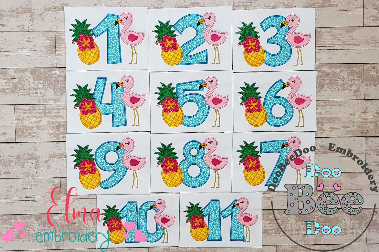 Flamingo and Pineapple with Hibiscus Flower Birthday Set Numbers 1-11 - Applique