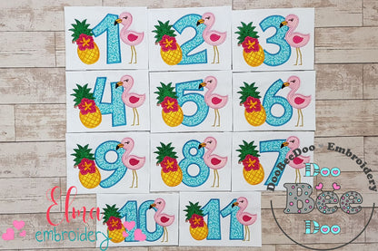 Flamingo and Pineapple with Hibiscus Flower Birthday Set Numbers 1-11 - Applique