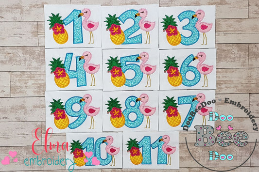 Flamingo and Pineapple with Hibiscus Flower Birthday Set Numbers 1-11 - Applique