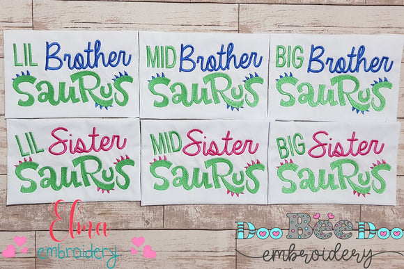 Lil, Mid and Big Brother and Sister Saurus - Fill Stitch - Set of 6 designs