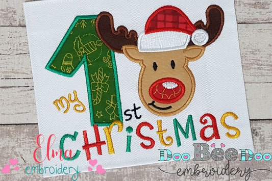🦌 Baby’s First Christmas Reindeer & Number One – Appliqué – Machine Embroidery Design