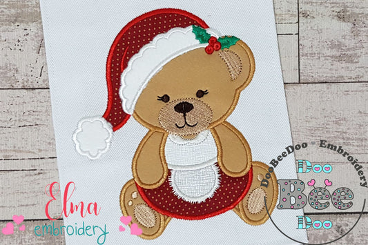 Christmas Teddy Bear Girl Santa - Applique - Machine Embroidery Design