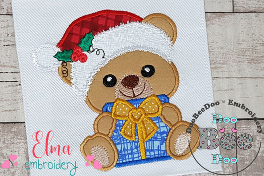 Santa Bear Holding a Gift - Applique Machine Embroidery Design