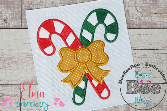 Two Candy Canes with Bow - Applique - Machine Embroidery Design