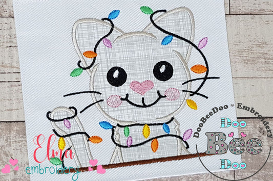 Christmas Cat Christmas Lights - Applique - Machine Embroidery Design