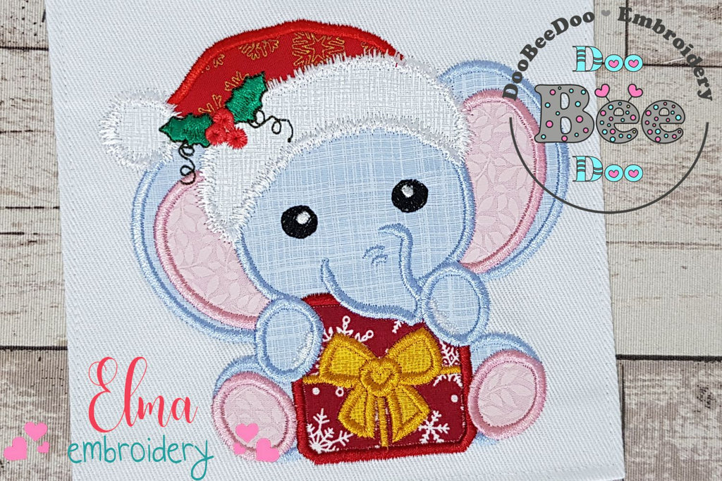 Santa Elephant Holding a Gift - Applique