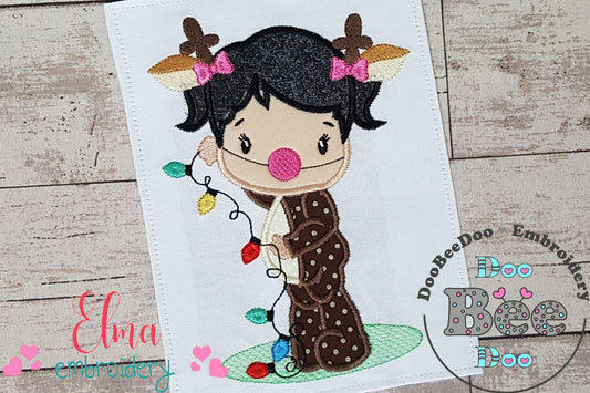 Girl Reindeer and Christmas Lights - Applique