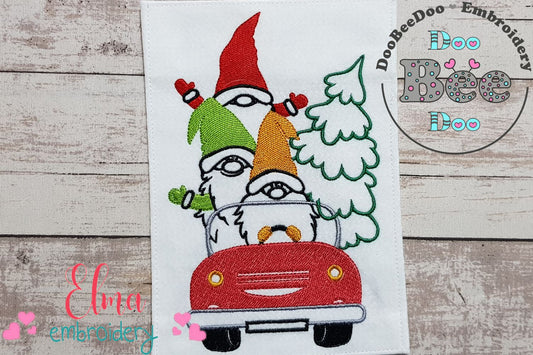 Christmas Gnomes Driving a Car - Fill Stitch