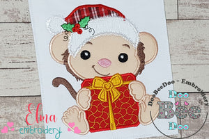 Santa Monkey Holding a Gift - Applique - Machine Embroidery