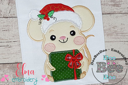 Santa Mouse Holding a Gift - Applique - Machine Embroidery Design