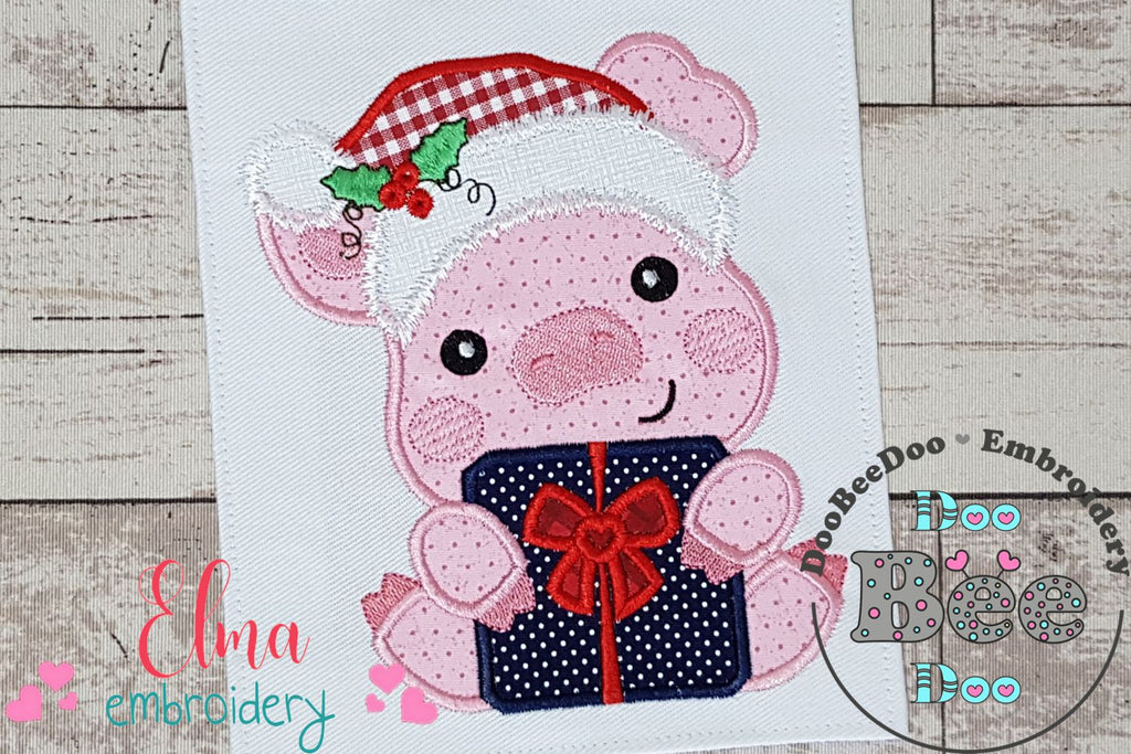 Santa Pig Holding a Gift - Applique