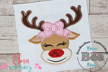 Christmas Rudolph Reindeer Girl Smiling with Bow - Applique - Machine Embroidery Design