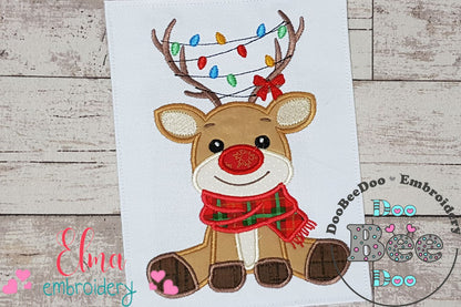 Rudolph Reindeer and Christmas Lights - Applique - Machine Embroidery Design