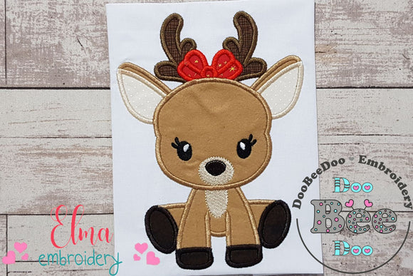 Christmas Reindeer Girl Bow - Applique - Machine Embroidery Design