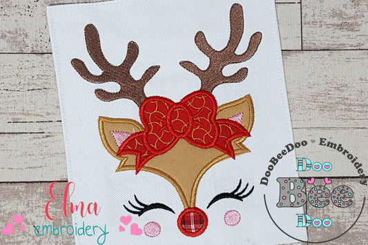 Cute Christmas Rudolph Reindeer Girl Bow - Applique - Machine Embroidery Design