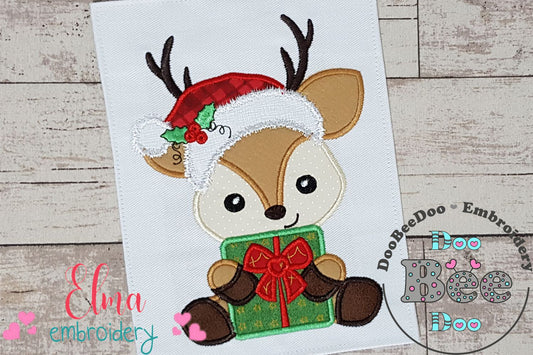 Santa Reindeer Holding a Gift - Applique - Machine Embroidery Design