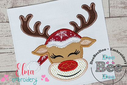Cute Christmas Rudolph Reindeer Girl - Applique - Machine Embroidery Design