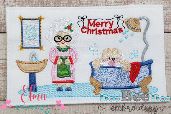 Santa Claus and Mrs. Claus in the Bathroom - Applique - Machine Embroidery Design