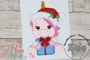 Santa Unicorn Holding a Gift - Applique Embroidery