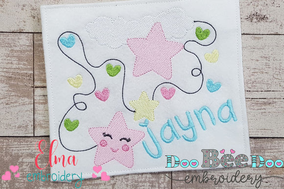 Cloud, Hearts and Stars Line Girl - Fill Stitch