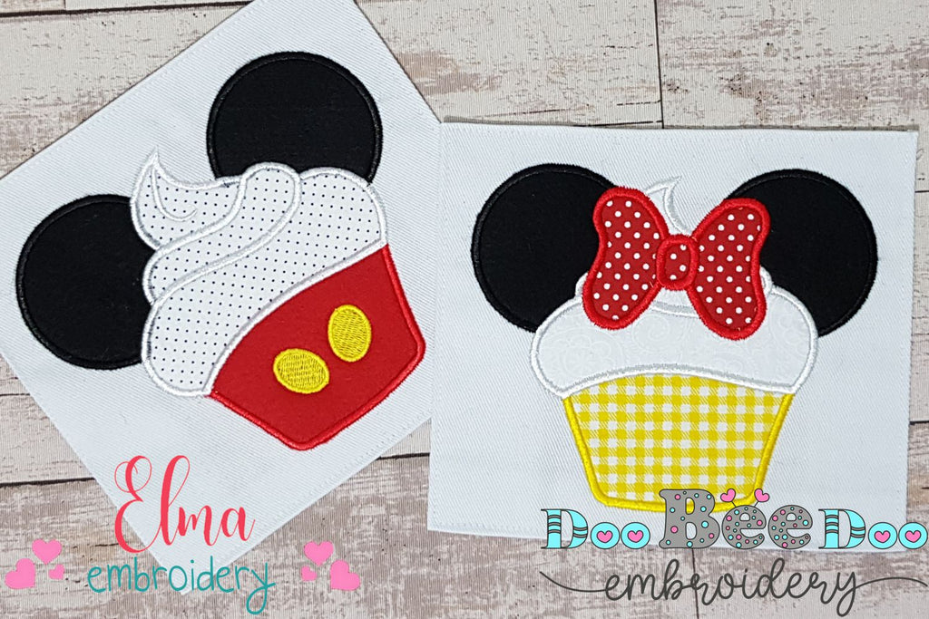 Mouse Ears Boy and Girl Cupcakes - Set of 2 Designs - Applique Embroidery