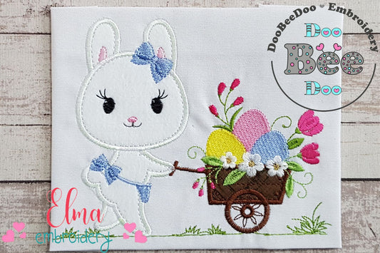 Bunny Girl Pushing a Cart of Easter Eggs - Applique - Machine Embroidery Design