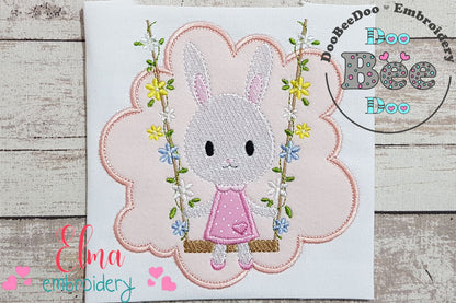 Easter Bunny Girl on a Garden Swing - Applique - Machine Embroidery Design