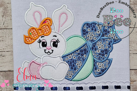 Easter Bunny Girl with Egg and Bow - Applique