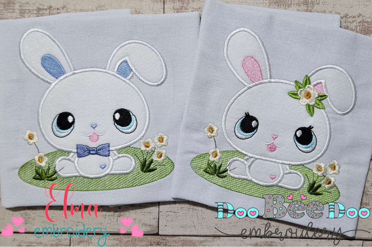 Bunny Boy and Girl in the Garden - Applique - Set of 2 designs